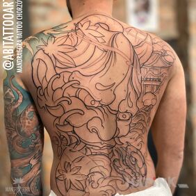 Tattoo Hannya on the back motif: animals style: japanese / irezumi