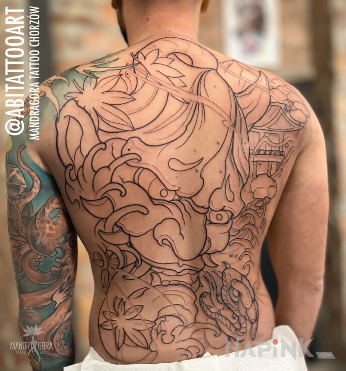 Tattoo Hannya in demons motif and japanese / irezumi style on the shoulder blades