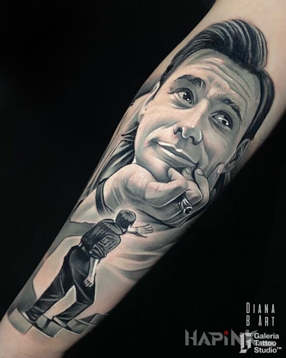 Tattoo Jim Carrey in faces motif and realistic style on the forearm