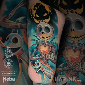 Tattoo Jack Skellington Halloween Town Tim Burton on the thigh motif: colorful style: newschool
