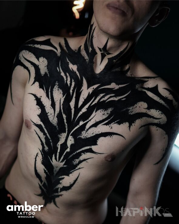 Tattoo Brutal black na froncie in dark motif and blackwork / blackout style on the neck