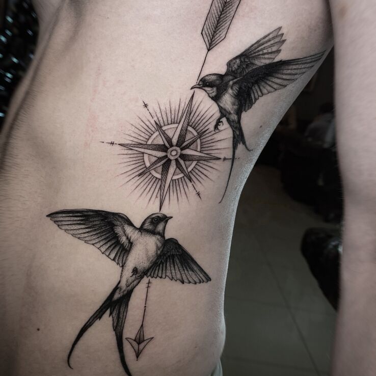 Tattoo Swallows in animals motif and graphic / illustrative style on the ribs