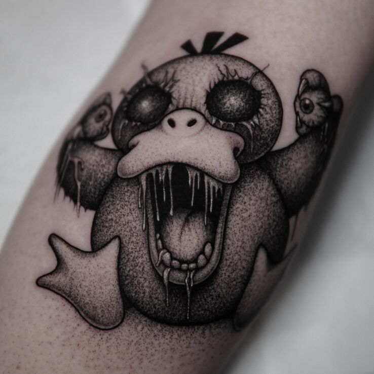 Tattoo Horror slacker in black and gray motif and graphic / illustrative style On the arm