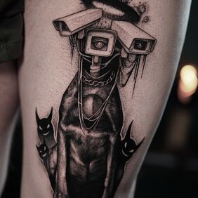 Tattoo Camera dog on the thigh motif: demons style: graphic / illustrative