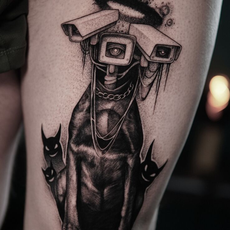Tattoo Camera dog in demons motif and surrealistic style on the thigh