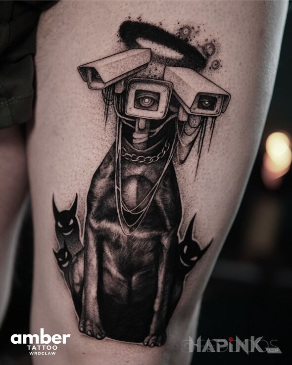 Tattoo Camera dog in fantasy motif and graphic / illustrative style on the leg