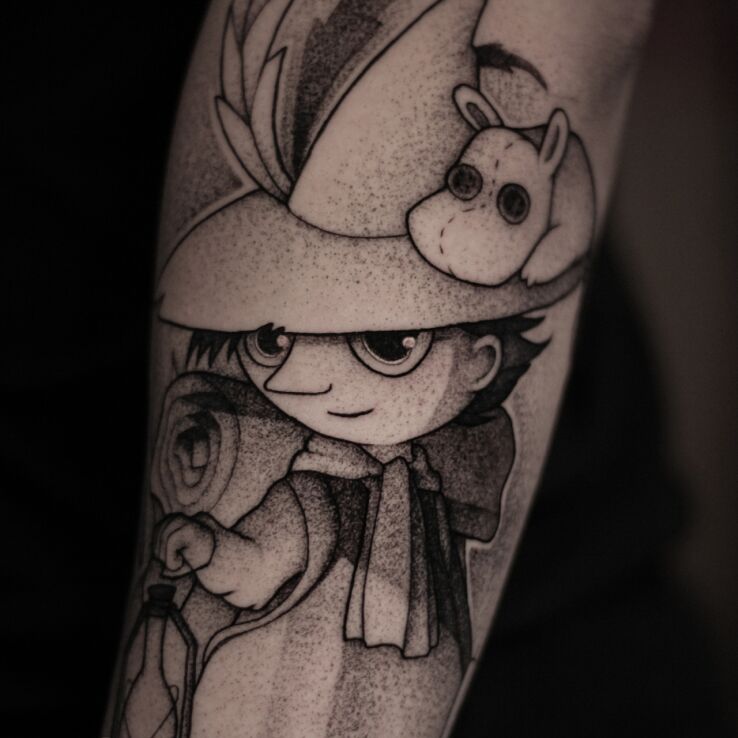 Tattoo Wanderer in fantasy motif and dotwork style On the arm