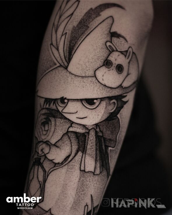 Tattoo Włóczykij in black and gray motif and dotwork style on the forearm