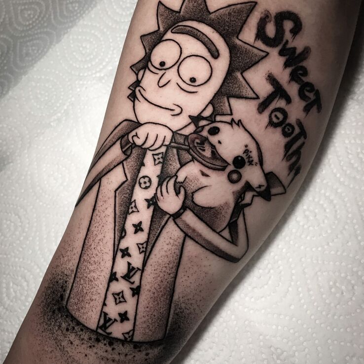 Tattoo Rick in characters motif and graphic / illustrative style on the forearm