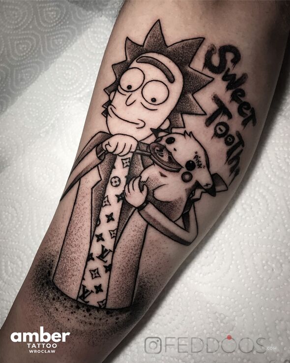 Tattoo Rick in characters motif and graphic / illustrative style On the arm