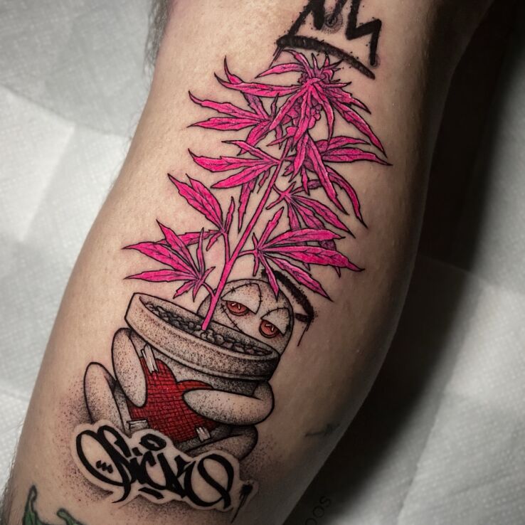 Tattoo Purple haze in funny motif and newschool style on the leg