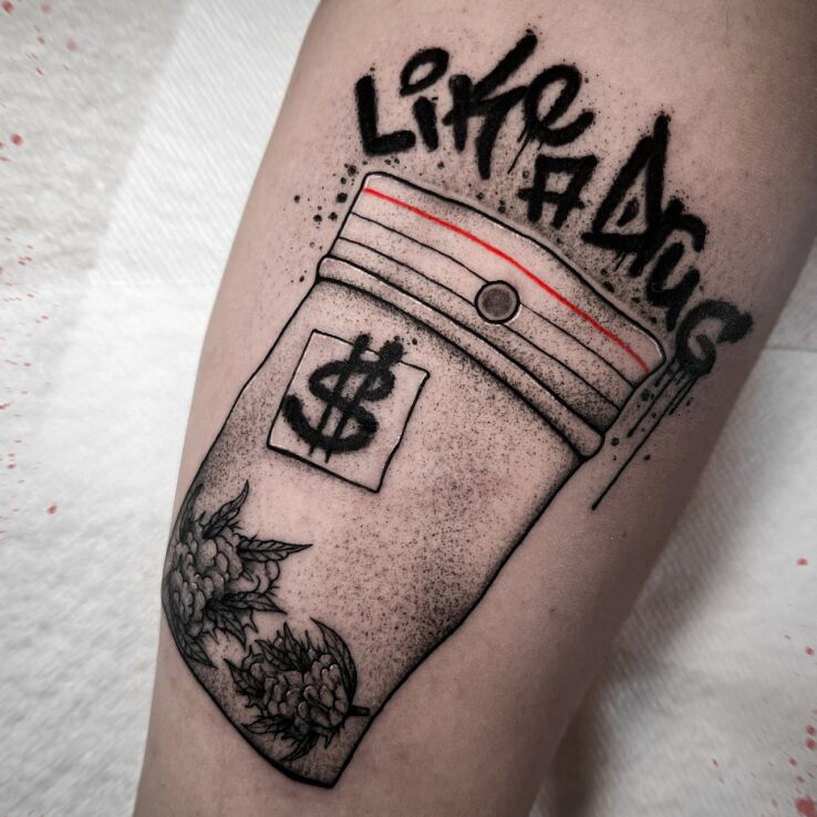 Tattoo Samara with a joint in objects motif and graffiti style On the arm