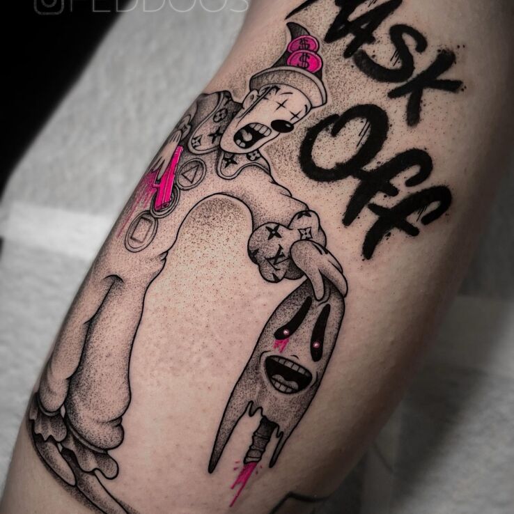 Tattoo Crazy clown in black and gray motif and dotwork style on the leg