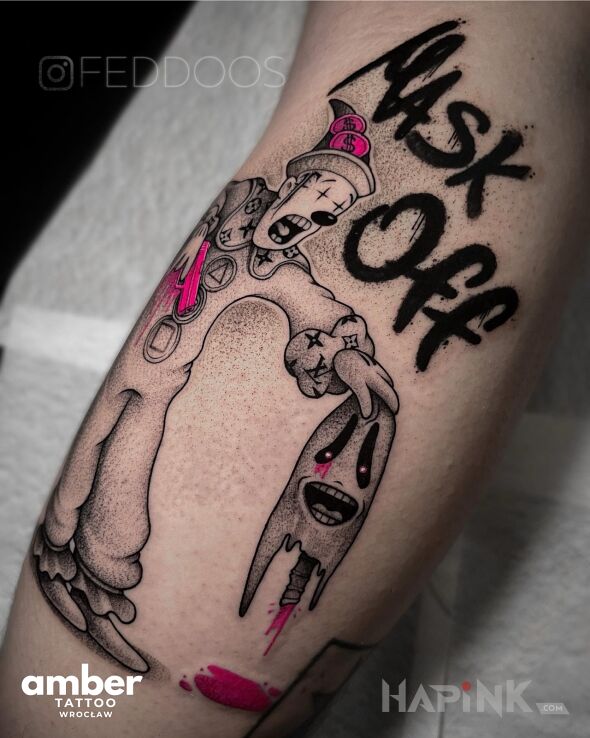 Tattoo Szalony klaun in characters motif and graphic / illustrative style on the leg