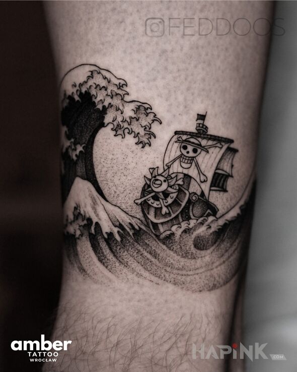 Tattoo Statek piracki in black and gray motif and dotwork style On the arm