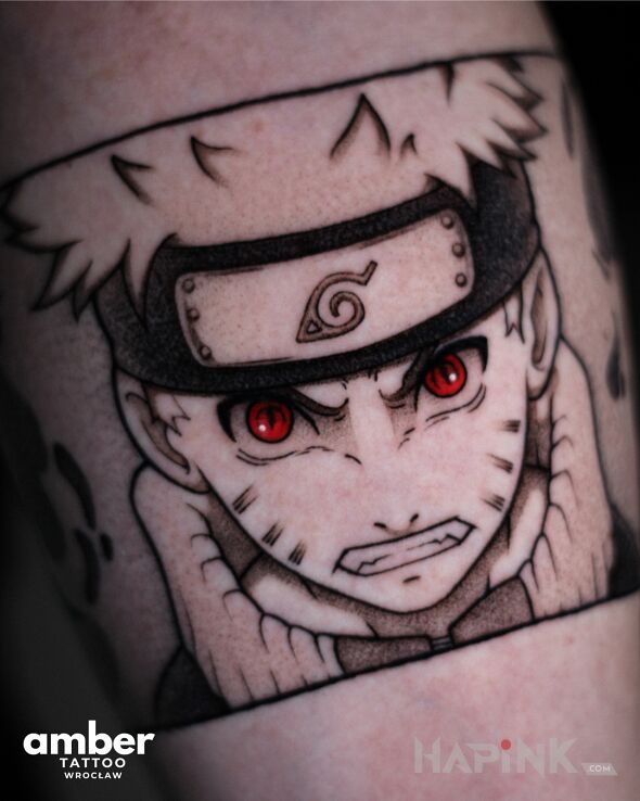 Tattoo Wkurzony naruto in black and gray motif and graphic / illustrative style on the leg