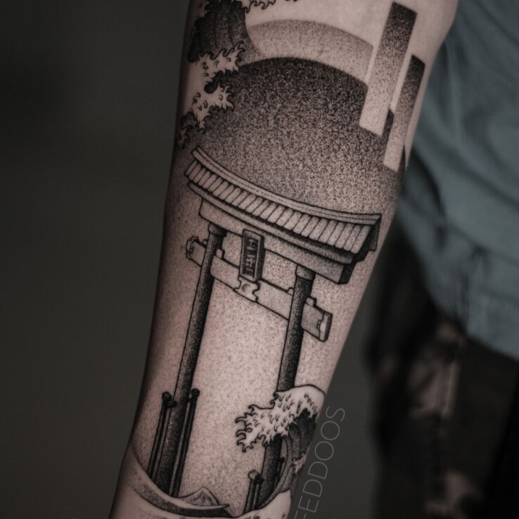 Tattoo Japanese gate in religious motif and dotwork style on the forearm