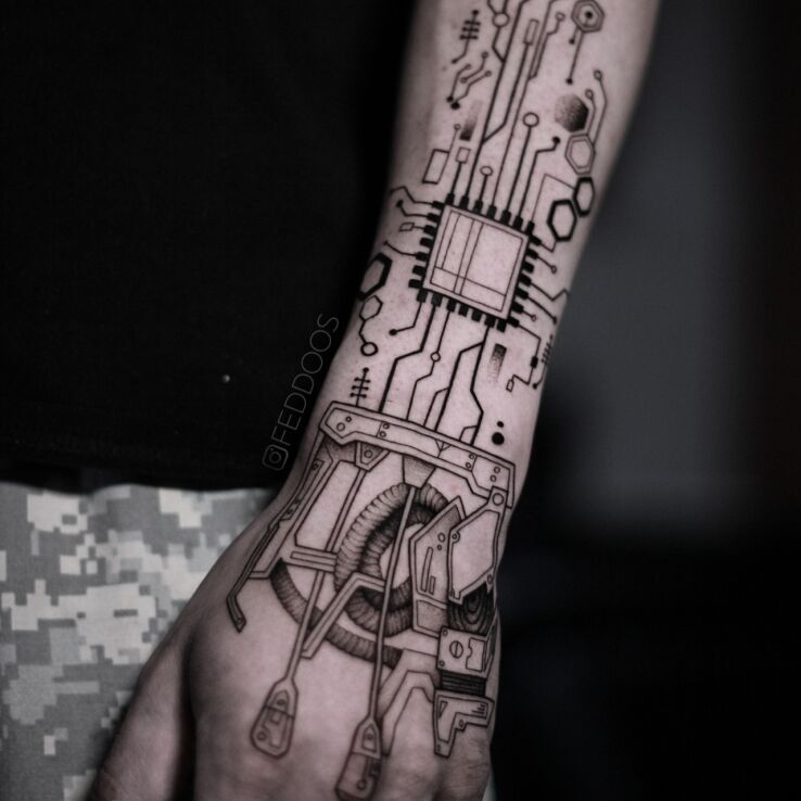 Tattoo Man or cyborg in black and gray motif on the hand