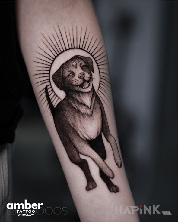 Tattoo Oświecony pies in black and gray motif and graphic / illustrative style on the forearm
