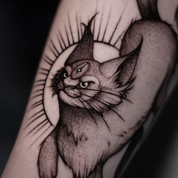 Tattoo Pet in fantasy motif and graphic / illustrative style on the forearm