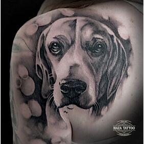 Tattoo Dog tattoo on the shoulder blades motif: animals style: realistic