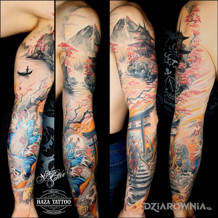 Tatuaż japonia rękaw ryba kolor w motywie natura i stylu realistyczne na ramieniu
