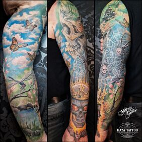 Tatuaż Rękaw motyle czaszki paĵeczyna kolor na ramieniu motyw: kwiaty styl: realistyczne