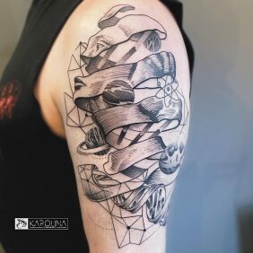 Tatuaż Między sztuką a nauką na ręce motyw: czarno-szare styl: kontury / linework