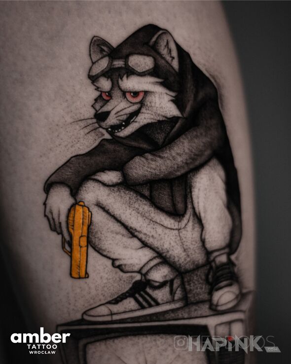Tattoo Szop pracz z giwerą in characters motif and dotwork style On the arm
