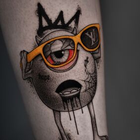 Tattoo Mike Wazowski from Monsters Inc. on the leg motif: black and gray style: graphic / illustrative
