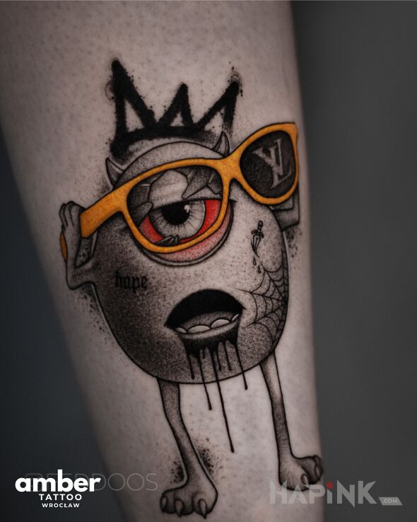 Tattoo Mike Wazowski z Monsters Inc. in colorful motif and graphic / illustrative style on the calf
