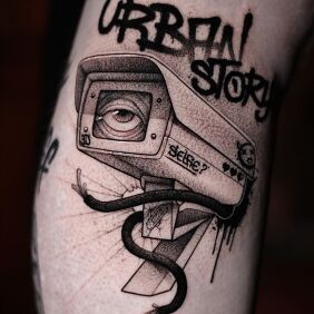 Tattoo Surveillance camera with graffiti on the calf motif: black and gray style: graphic / illustrative