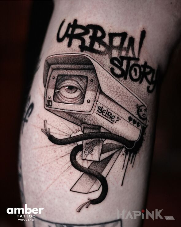 Tattoo Kamera monitorująca z graffiti in black and gray motif and dotwork style on the calf