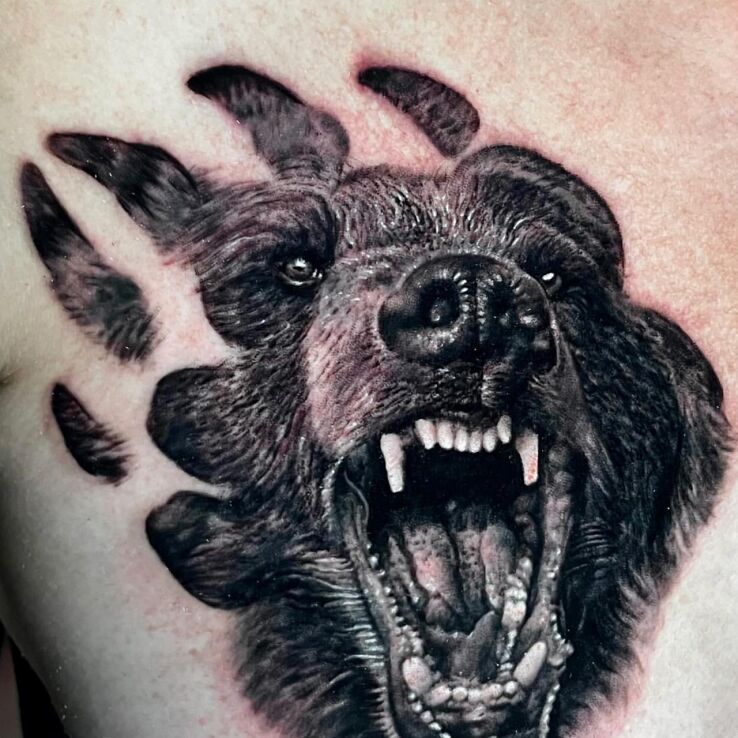 Tattoo Fat Bear in animals motif and realistic style on the chest