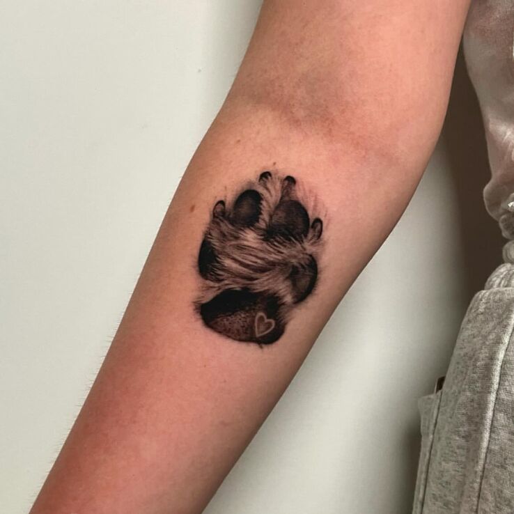 Tattoo Dog's paw in 3D motif and realistic style On the arm