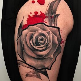 Tattoo Rose with a strong outline on the leg motif: black and gray style: realistic