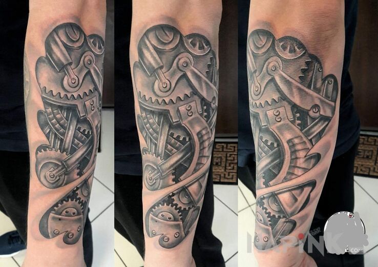 Tattoo Biomechanika in 3D motif and biomechanics style on the forearm