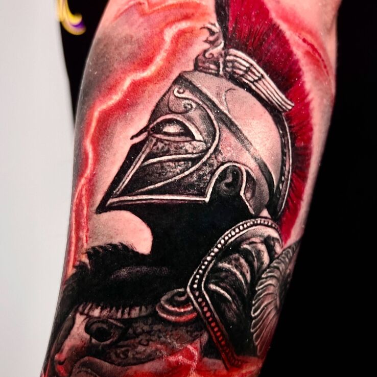 Tattoo Gladiator in characters motif and realistic style on the forearm