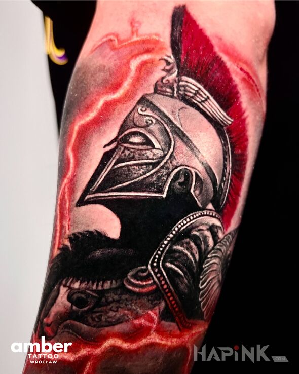 Tattoo Gladiator in characters motif and realistic style On the arm