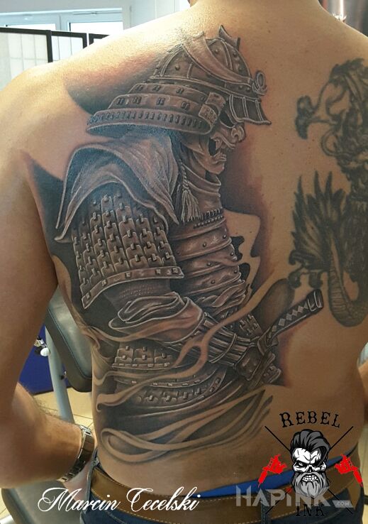 Tattoo Samuraj in characters motif and japanese / irezumi style on the back