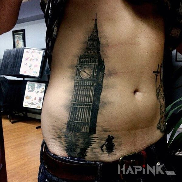 Tattoo Big ben in 3D motif and realistic style on the ribs