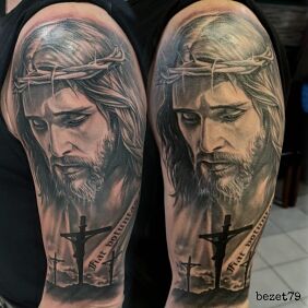 Tatuaż Jezus na ręce motyw: postacie styl: realistyczne