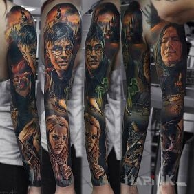 Tattoo Harry Potter on the forearm motif: colorful style: realistic