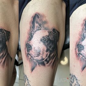 Tattoo Dog on the leg motif: animals style: realistic