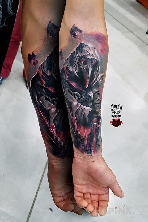 Tattoo Dr Plague in characters motif on the forearm
