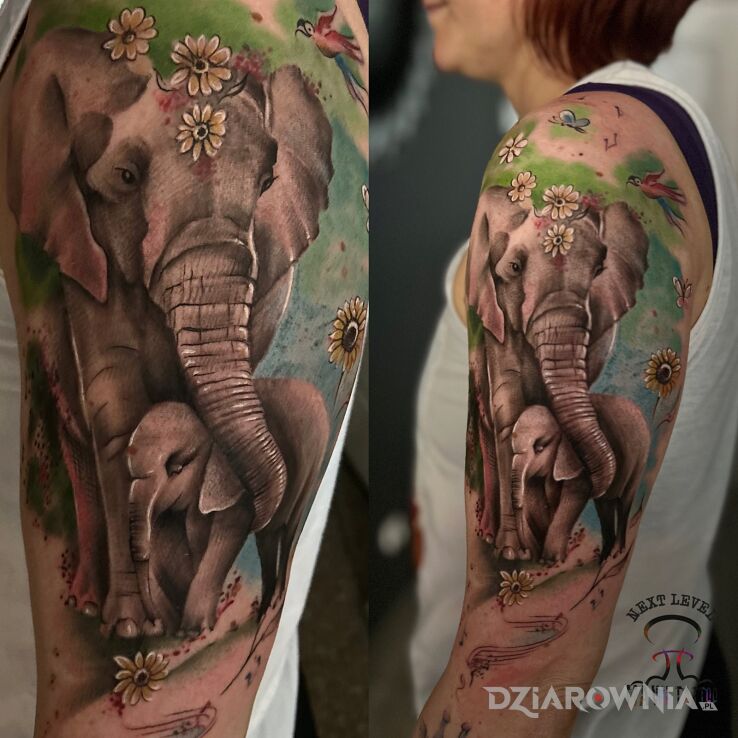 Tatuaż słoniki w motywie zwierzęta i stylu realistyczne na bicepsie