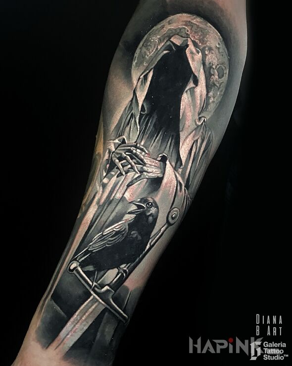 Tattoo Czarnoksiężnik z Angmaru in funny motif and realistic style On the arm