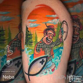 Tattoo Fisherman on vacation newschool on the thigh motif: nature style: newschool