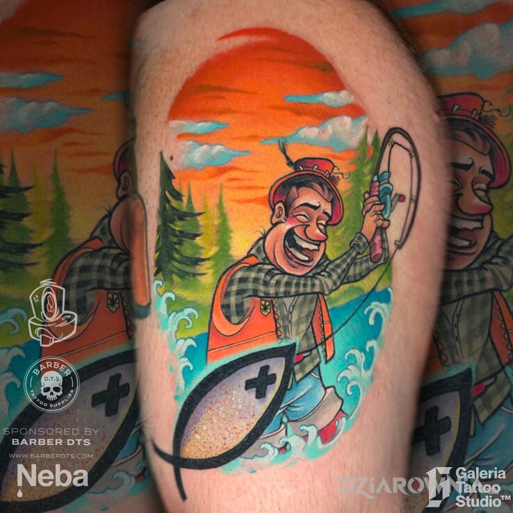 Tatuaż rybak na wakacjach newschool w motywie postacie i stylu neotradycyjne na nodze