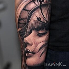 Tattoo The girl and the clock on the forearm motif: 3D style: realistic